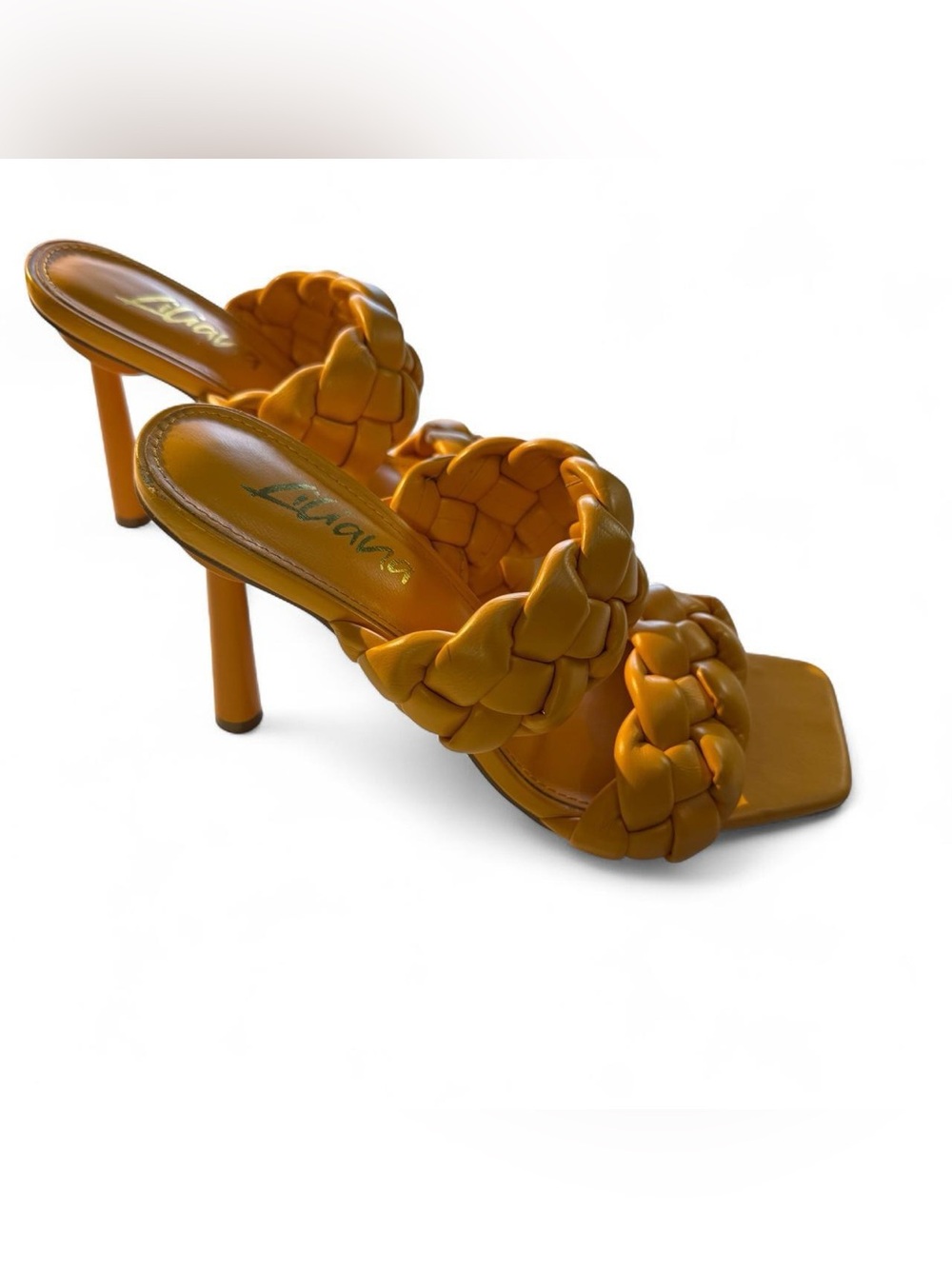 Orange Braided Strappy Square Toe Heeled Mules Women's 7.5 Block Heel Sandals